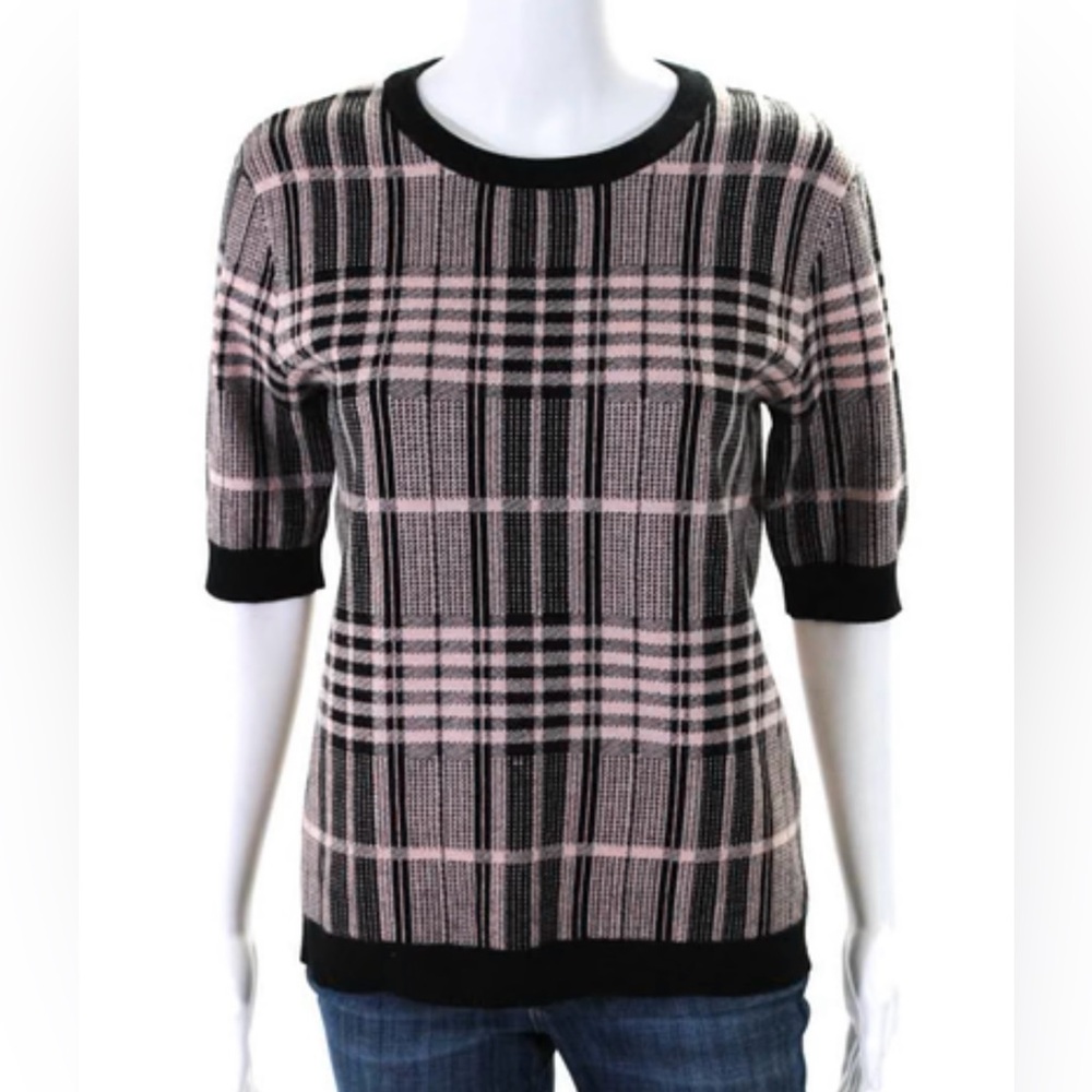 Tahari Pink and Black Plaid Crewneck Sweater